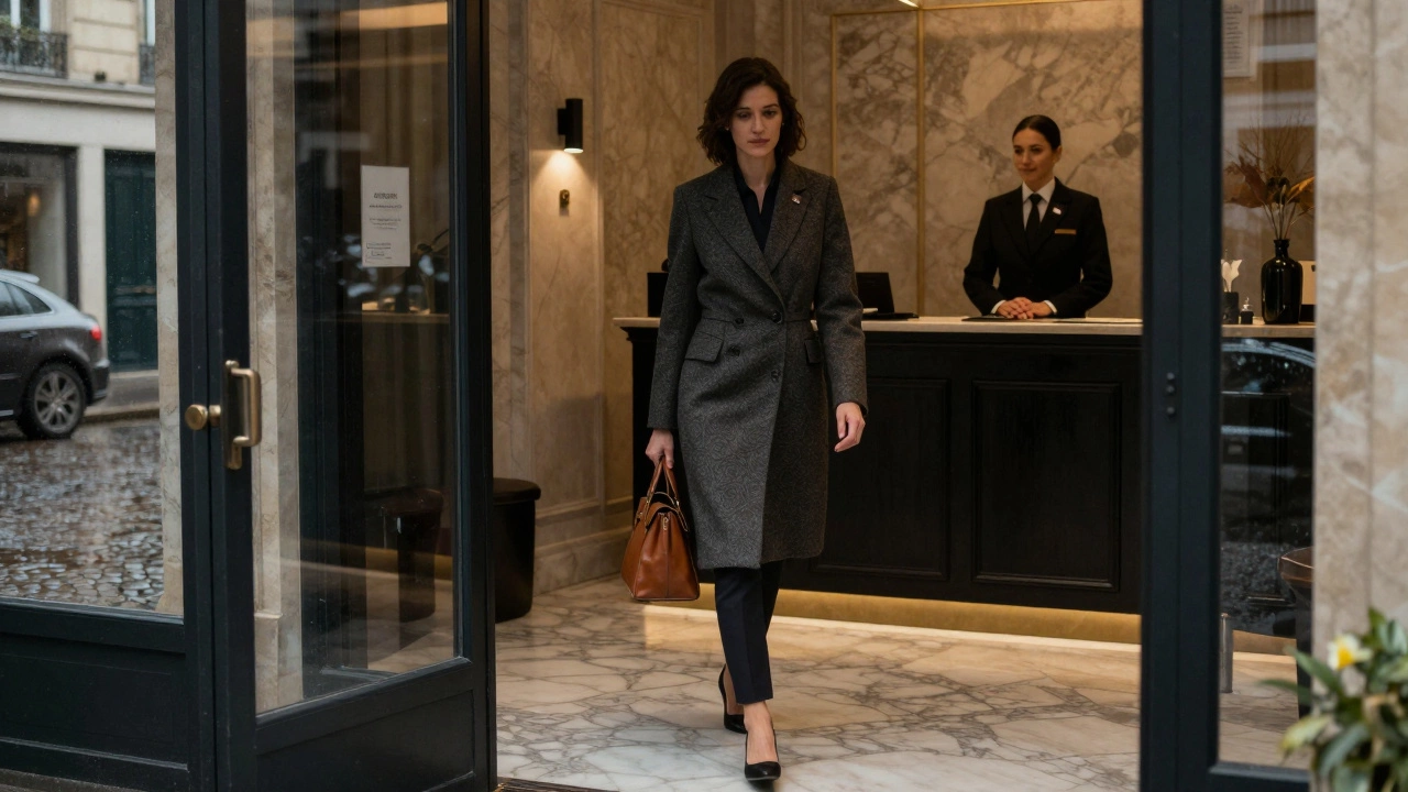 A professional woman arriving at a quiet Paris hotel, blending into the discreet, elegant environment.