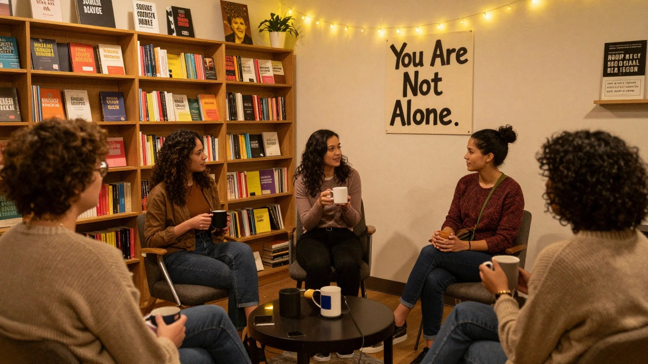 A quiet group gathering in a cozy space, offering support to sex workers in a community setting.