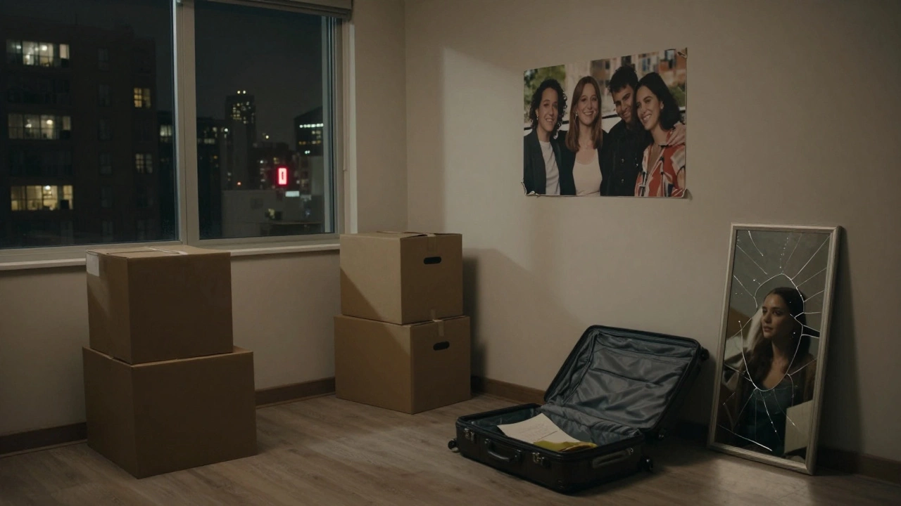 An abandoned apartment with packed boxes and a broken mirror, symbolizing forced relocation after coming out.